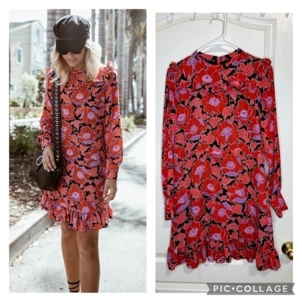 Who What Wear Red and Pink Floral Long Sleeve Dress